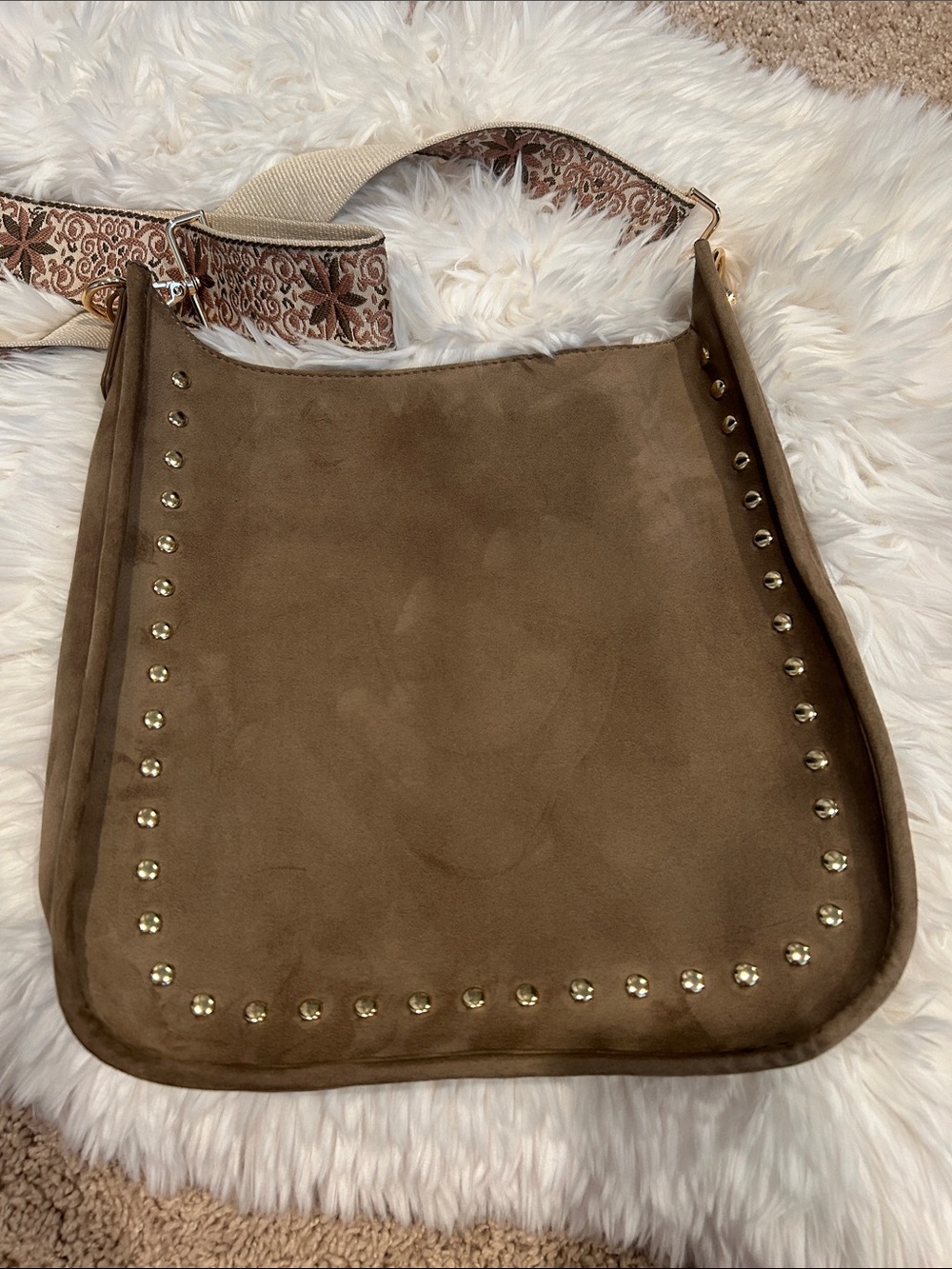Suede Studded Shoulder Bag - Brown